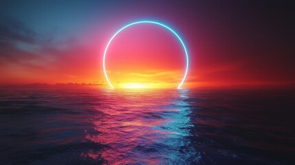 Poster - An isolated black background features a square rectangle picture frame with a neon color motion graphic. The overlay element consists of blue and pink light in motion, rendered as a 3D illustration