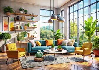 Poster - Elegant Modern Room Interior Showcasing Minimalist Furniture, Natural Light, and Stylish Decor for Contemporary Living Spaces and Interior Design Inspiration