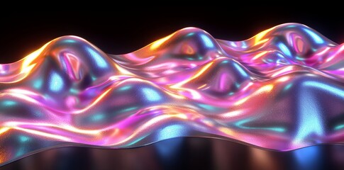 Poster - A 3D rendered image of an abstract design with a wavy, iridescent form on a black background.