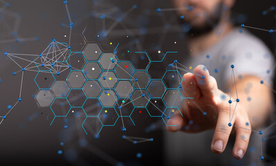 Poster - Neural network 3D illustration. Big data and cybersecurity