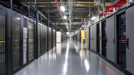 Poster - Data center operations high-tech facility infrastructure indoor wide angle server management and efficiency