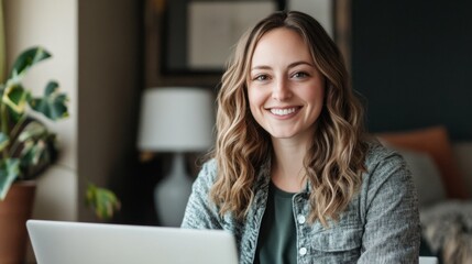 Poster - Remote work scene smiling woman at home office lifestyle cozy indoor setting close-up modern professionalism