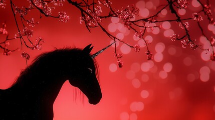 Poster - Black unicorn silhouette under red flowering tree.