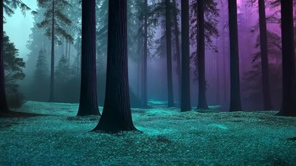 Wall Mural - A forest at night with trees glowing in the dark. The blue glow of the trees creates a serene and peaceful atmosphere, as if the forest is alive and glowing with energy