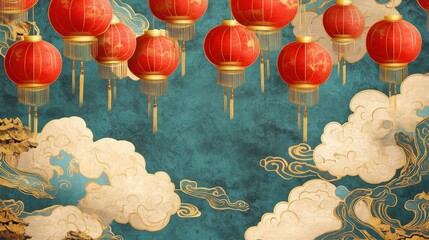 Poster - Cultural celebration with red lanterns scenic sky background digital art ethereal atmosphere aesthetic viewpoint festivity concept