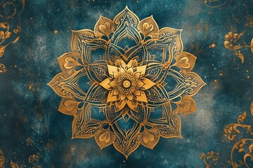 Poster - A detailed golden mandala design on a textured blue background, symbolizing harmony and balance.