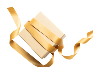 Wall Mural - simple gold gift box with stream ribbon decoration for celebration season template design.anniversar
