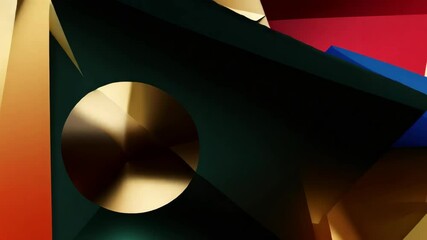 Poster - metallic gold disc reflecting light, over colorful geometric shapes moving in a synchronized choreog