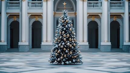 Poster - A clean Christmas tree adorned with monochromatic baubles, standing in a courtyard with symmetrical geometric patterns. Cinematic Scene 4k resolution, cinematic scene