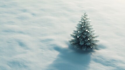 Poster - A serene snowy landscape featuring a single minimalist Christmas tree with clear glass ornaments, viewed from a high perspective. Cinematic Scene 4k resolution, cinematic scene