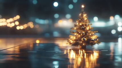 Poster - High perspective of a small Christmas tree positioned on a sleek, reflective metallic surface, enhancing its glowing ornaments. Cinematic Scene 4k resolution, cinematic scene