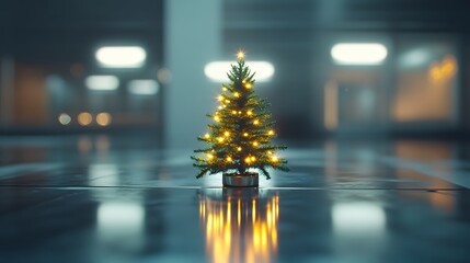 Poster - High perspective of a small Christmas tree positioned on a sleek, reflective metallic surface, enhancing its glowing ornaments. Cinematic Scene 4k resolution, cinematic scene