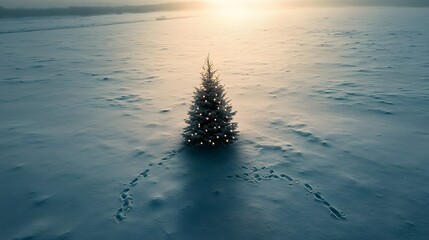 Poster - A drone's view of a snow-covered plain with a single Christmas tree decorated with minimal lights, surrounded by subtle footprints. Cinematic Scene 4k resolution, cinematic scene