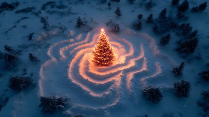 Poster - An artistic aerial capture of a Christmas tree surrounded by a unique snow maze, its soft glow contrasting with the sharp patterns. Cinematic Scene 4k resolution, cinematic scene