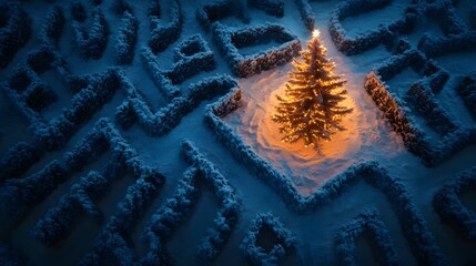 Poster - An artistic aerial capture of a Christmas tree surrounded by a unique snow maze, its soft glow contrasting with the sharp patterns. Cinematic Scene 4k resolution, cinematic scene