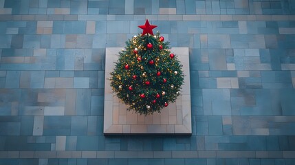 Poster - A Christmas tree with minimalist ornaments placed on a polished stone platform in a modern urban setting, captured from above. Cinematic Scene 4k resolution, cinematic scene