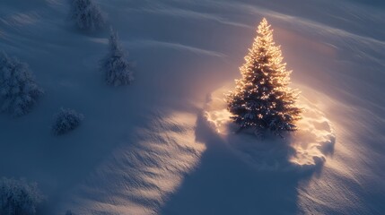 Poster - A dynamic aerial shot of a glowing Christmas tree, with long shadows cast on the surrounding snow-covered terrain. Cinematic Scene 4k resolution, cinematic scene