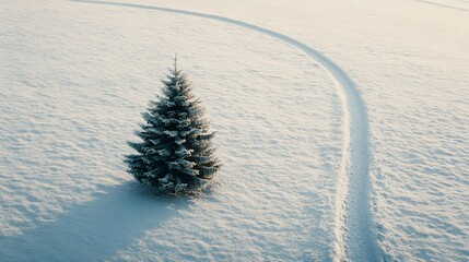 Poster - Minimalist Christmas tree positioned at the intersection of snow-covered paths, photographed from a high perspective. Cinematic Scene 4k resolution, cinematic scene