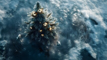 Poster - A serene composition featuring a Christmas tree with metallic baubles, surrounded by soft snow ripples viewed from above. Cinematic Scene 4k resolution, cinematic scene