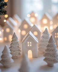 a charming miniature village decorated with small houses and trees covered in snow, illuminated by warm lights, creating a festive and cozy winter scene.