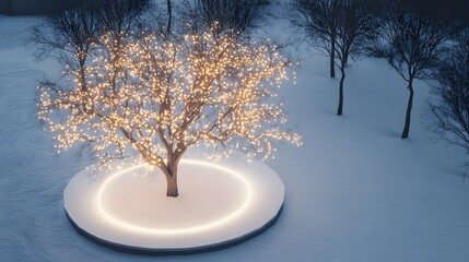 Aufkleber - A clean, modern tree with delicate string lights placed on a circular white floor in a snowy landscape, captured from a high angle. Cinematic Scene 4k resolution, cinematic scene
