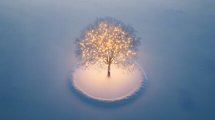 Aufkleber - A clean, modern tree with delicate string lights placed on a circular white floor in a snowy landscape, captured from a high angle. Cinematic Scene 4k resolution, cinematic scene
