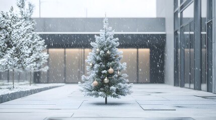 Poster - Minimal Christmas tree with natural wooden ornaments, positioned in a sleek open courtyard covered in snow. Cinematic Scene 4k resolution, cinematic scene