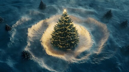 Poster - A Christmas tree with soft glowing lights, surrounded by concentric snow circles, photographed from above to emphasize its minimalism. Cinematic Scene 4k resolution, cinematic scene