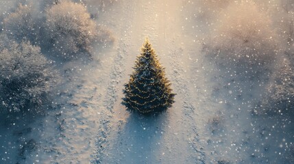 Poster - Minimalist Christmas tree with gold and green accents, standing on a sleek, snow-covered pathway, viewed from above. Cinematic Scene 4k resolution, cinematic scene