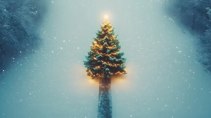 Poster - Minimalist Christmas tree with gold and green accents, standing on a sleek, snow-covered pathway, viewed from above. Cinematic Scene 4k resolution, cinematic scene