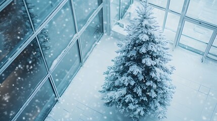 Poster - A clean and simple Christmas tree placed in a modern glass-walled atrium, with snow visible through the windows, captured from a high angle. Cinematic Scene 4k resolution, cinematic scene
