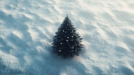 Poster - A sleek Christmas tree with tiny metallic baubles standing in a geometric snowy field, viewed from an aerial perspective. Cinematic Scene 4k resolution, cinematic scene