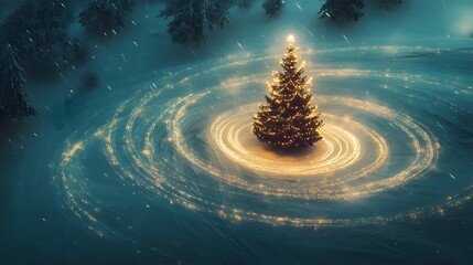 Poster - A unique aerial composition of a Christmas tree surrounded by light trails in the snow, forming abstract patterns. Cinematic Scene 4k resolution, cinematic scene