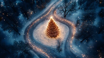 Poster - A unique aerial composition of a Christmas tree surrounded by light trails in the snow, forming abstract patterns. Cinematic Scene 4k resolution, cinematic scene