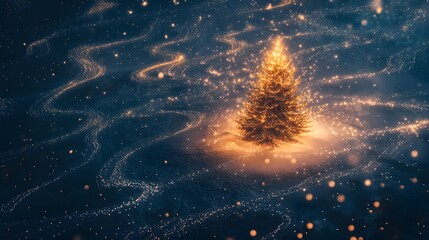 Poster - A unique aerial composition of a Christmas tree surrounded by light trails in the snow, forming abstract patterns. Cinematic Scene 4k resolution, cinematic scene