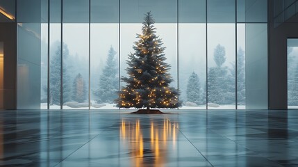 Poster - A single clean Christmas tree with faint glowing lights positioned on a polished marble floor, with snow visible through large glass walls. Cinematic Scene 4k resolution, cinematic scene