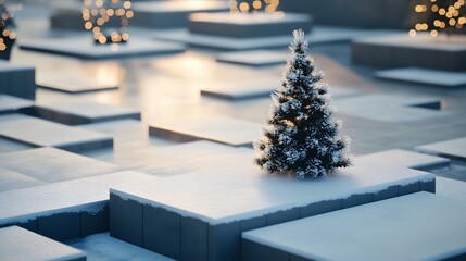 Poster - A clean, geometrical composition featuring a small Christmas tree surrounded by square snow patches in a modern outdoor plaza. Cinematic Scene 4k resolution, cinematic scene