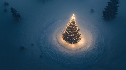 Poster - A clean minimalist Christmas tree with subtle glowing lights, placed in the center of a snow-covered circular path, captured from a high perspective. Cinematic Scene 4k resolution, cinematic scene