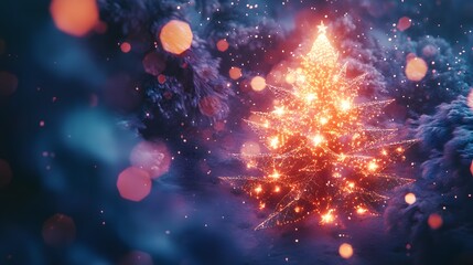Poster - Aerial view of a Christmas tree surrounded by angular snow trails, with tiny glowing ornaments highlighting its modern design. Cinematic Scene 4k resolution, cinematic scene