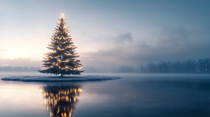 Poster - A sleek Christmas tree with metallic decorations, standing alone on a frosty lake, reflecting soft glowing lights. Cinematic Scene 4k resolution, cinematic scene