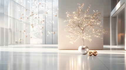 Poster - A minimalist tree placed on a polished white floor in a modern open plaza, adorned with delicate lights and baubles. Cinematic Scene 4k resolution, cinematic scene