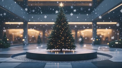Poster - A modern Christmas tree placed on a circular stone floor in a symmetrical plaza, surrounded by delicate snowflakes. Cinematic Scene 4k resolution, cinematic scene