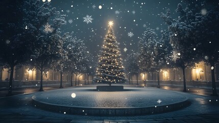 Poster - A modern Christmas tree placed on a circular stone floor in a symmetrical plaza, surrounded by delicate snowflakes. Cinematic Scene 4k resolution, cinematic scene