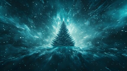 Poster - A Christmas tree with muted tones of blue and green, centered in an abstract snowy landscape with sharp, defined patterns. Cinematic Scene 4k resolution, cinematic scene