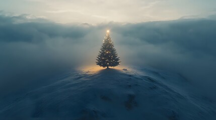 Poster - A lone Christmas tree with subtle glowing ornaments stands atop a hill surrounded by untouched snow, photographed from above. Cinematic Scene 4k resolution, cinematic scene