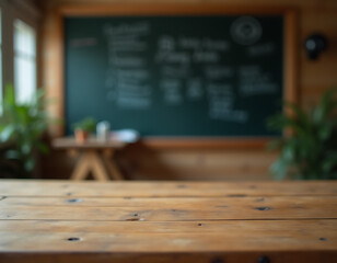 Poster - Wooden tabletop is in sharp focus while a blurry blackboard with dark writing fills the blurred background space nearby._00001_