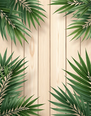 Poster - Wooden tabletop features a stunning palm leaf pattern, evoking a serene summer ambiance perfect for material product advertisements._00002_