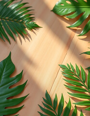 Poster - Wooden tabletop features a stunning palm leaf pattern, evoking a serene summer ambiance perfect for material product advertisements._00001_