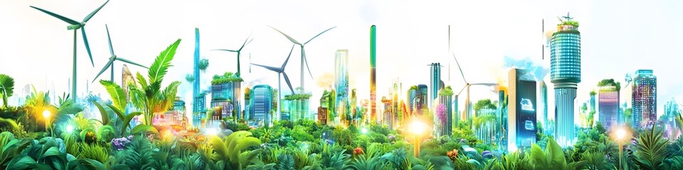 Poster - A vibrant display of futuristic eco-cities powered by wind and solar energy, illustrated with lush greenery and glowing lights. Vector art, 4k resolution, white background