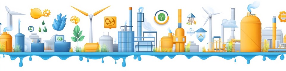 Poster - A seamless design featuring water conservation icons, wind turbines, and eco-friendly factory elements, arranged neatly. Vector art, 4k resolution, white background